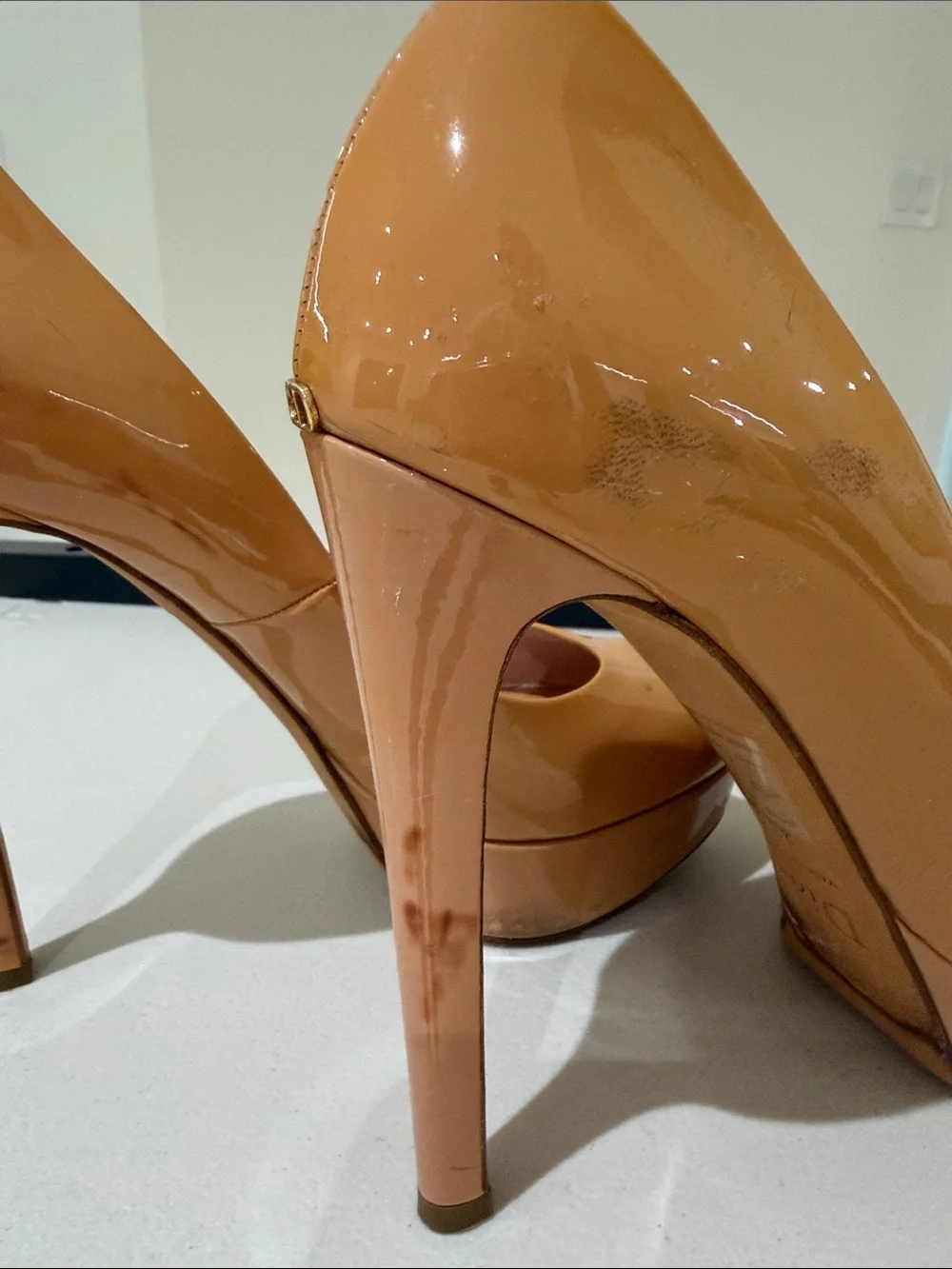Dior Patent Leather Peep-Toe Platform Pumps in Caramel